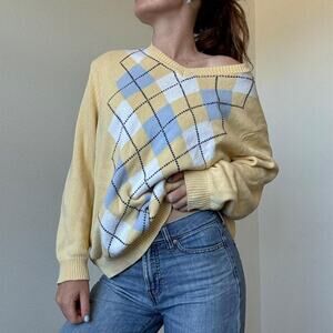 Vintage oversized 100 cotton butter yellow argyle sweater